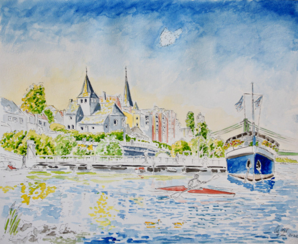 Die romanische Kirche "Alt St. Maternus" in Köln Rodenkirchen. Aquarell und Tusche von Clemens Hillebrand Mai 2022