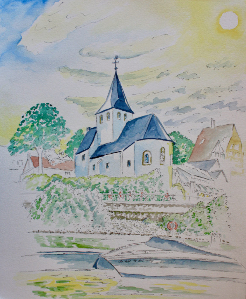 Die romanische Kirche "Alt St. Maternus" in Köln Rodenkirchen, vom Bootshaus aus gesehen. Aquarell und Tusche, Mai 2022