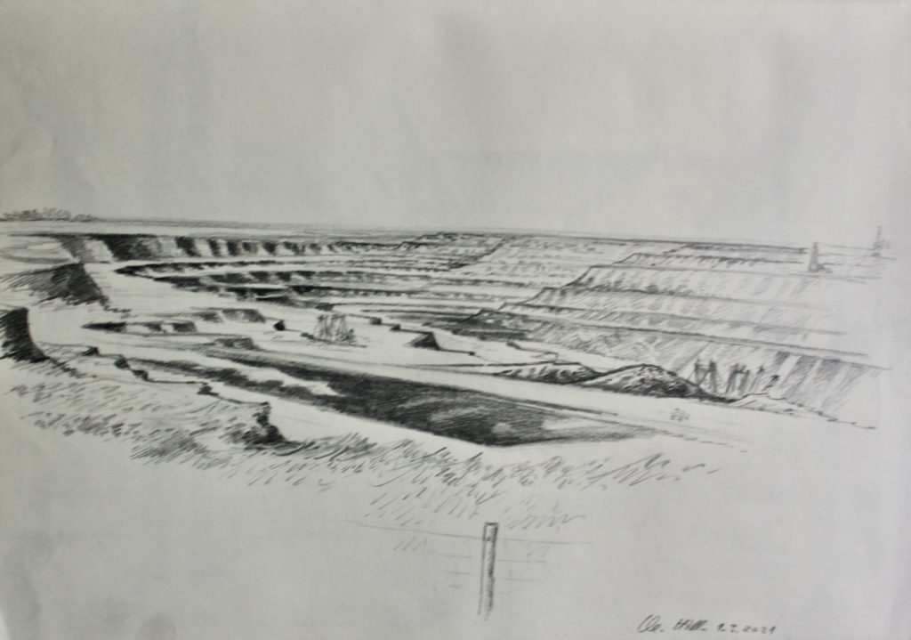 Tagebau Garzweiler vom Skywalk Jackerath aus. Bleistiftzeichnung von Clemens Hillebrand am 04.03.2021