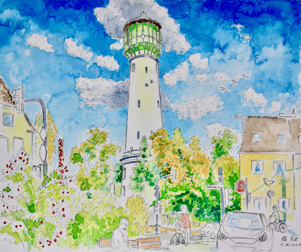 Wesseling, alter Wasserturm in Berzdorf, aquarellierte Tuschestiftzeichnung von Clemens Hillebrand, 2021