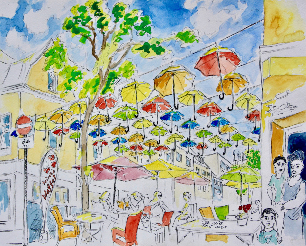Wesseling, "Mines Spatzentreff" an der Kölnstraße, aquarellierte Tuschestiftzeichnung von Clemens Hillebrand, 2021.