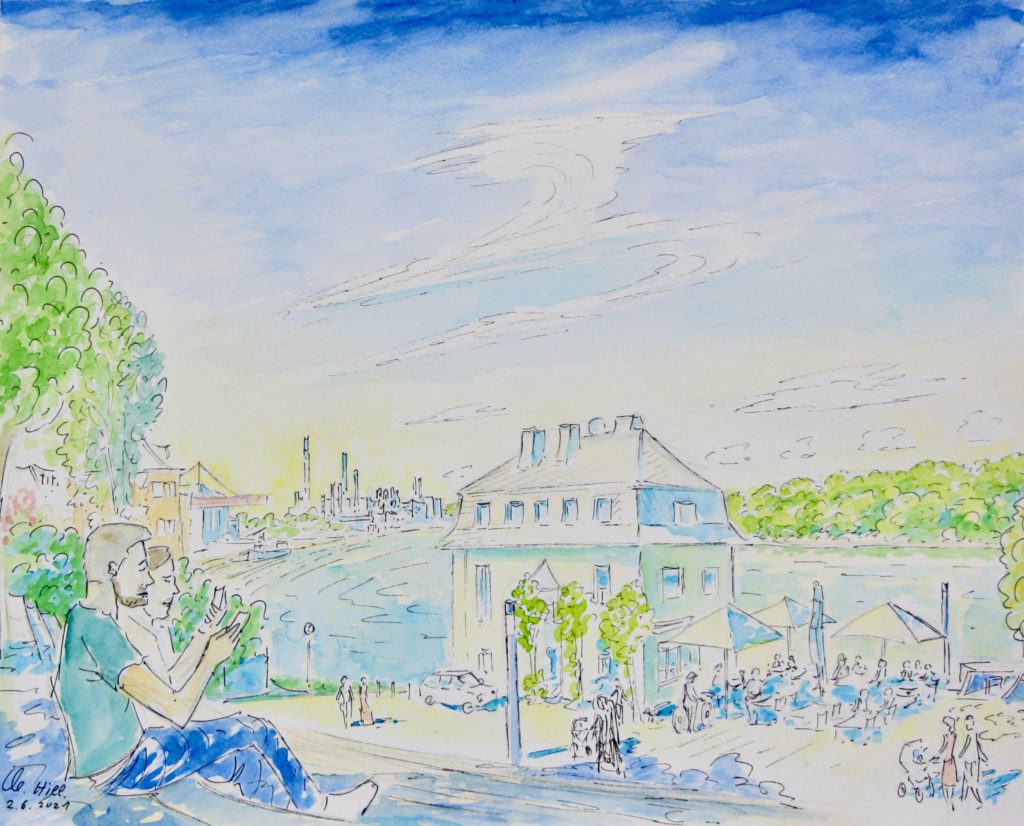Wesseling, Blick von der Freitreppe aus auf den Rhein, aquarellierte Tuschestiftzeichnung von Clemens Hillebrand, 2021.