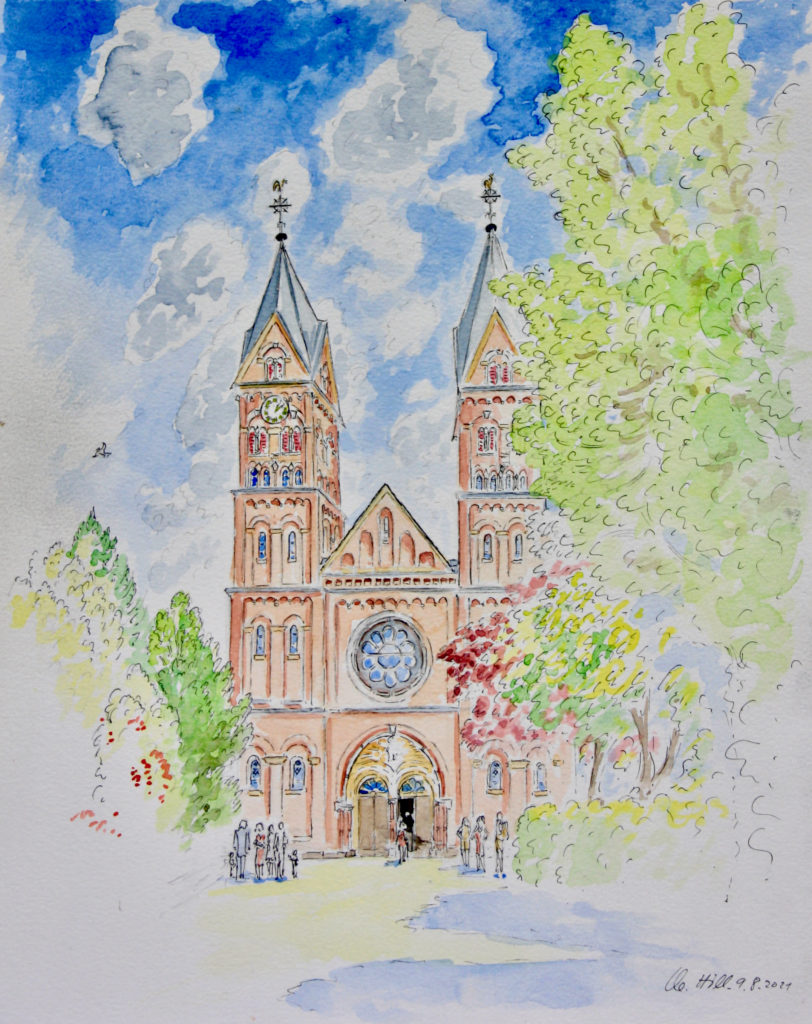 Wesseling, St. Germanus, Aquarellierte Tuschstiftzeichnung von Clemens Hillebrand 2021